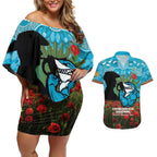 Personalised Sharks Rugby ANZAC Day Couples Matching Off Shoulder Short Dress and Hawaiian Shirt Last Post Poppy We Will Remember Them