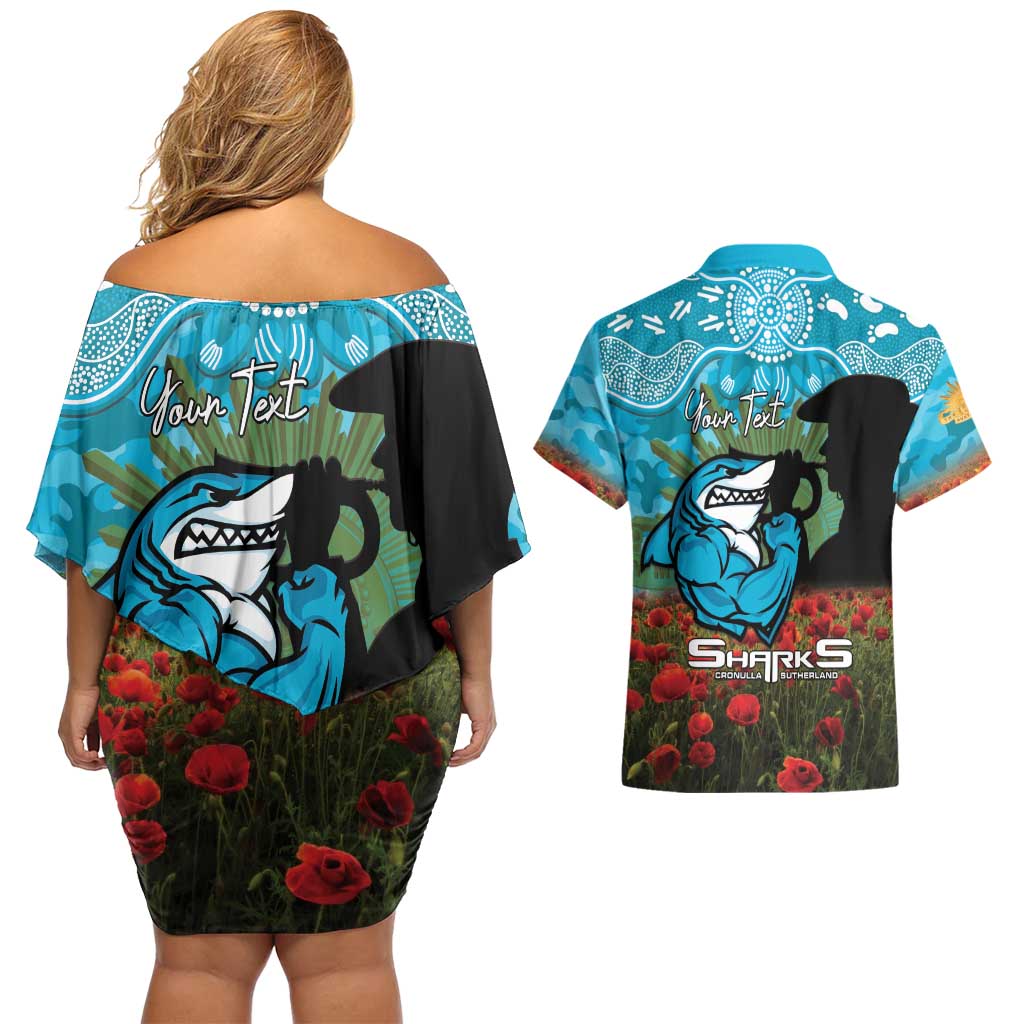 Personalised Sharks Rugby ANZAC Day Couples Matching Off Shoulder Short Dress and Hawaiian Shirt Last Post Poppy We Will Remember Them