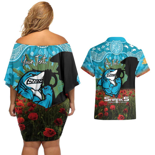 Personalised Sharks Rugby ANZAC Day Couples Matching Off Shoulder Short Dress and Hawaiian Shirt Last Post Poppy We Will Remember Them