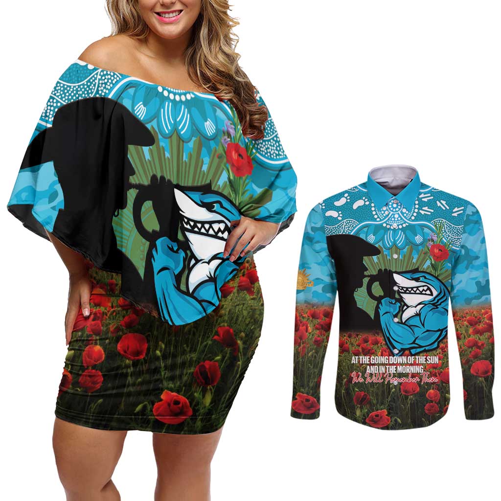 Personalised Sharks Rugby ANZAC Day Couples Matching Off Shoulder Short Dress and Long Sleeve Button Shirt Last Post Poppy We Will Remember Them