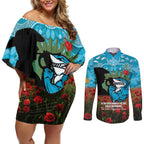 Personalised Sharks Rugby ANZAC Day Couples Matching Off Shoulder Short Dress and Long Sleeve Button Shirt Last Post Poppy We Will Remember Them
