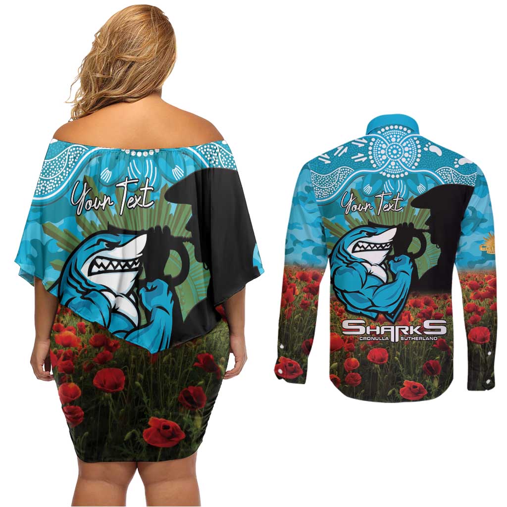 Personalised Sharks Rugby ANZAC Day Couples Matching Off Shoulder Short Dress and Long Sleeve Button Shirt Last Post Poppy We Will Remember Them