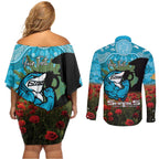 Personalised Sharks Rugby ANZAC Day Couples Matching Off Shoulder Short Dress and Long Sleeve Button Shirt Last Post Poppy We Will Remember Them