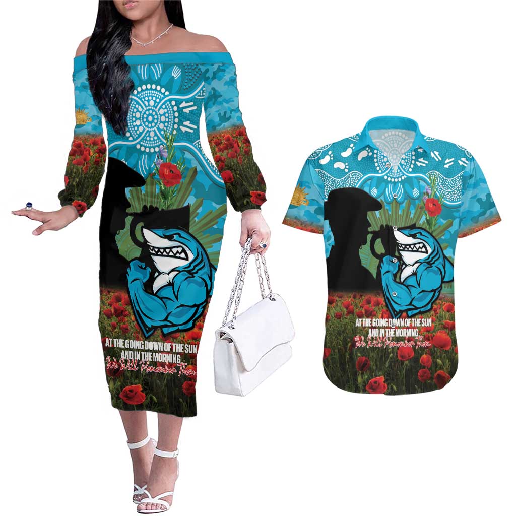 Personalised Sharks Rugby ANZAC Day Couples Matching Off The Shoulder Long Sleeve Dress and Hawaiian Shirt Last Post Poppy We Will Remember Them