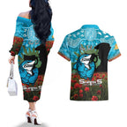 Personalised Sharks Rugby ANZAC Day Couples Matching Off The Shoulder Long Sleeve Dress and Hawaiian Shirt Last Post Poppy We Will Remember Them