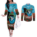 Personalised Sharks Rugby ANZAC Day Couples Matching Off The Shoulder Long Sleeve Dress and Long Sleeve Button Shirt Last Post Poppy We Will Remember Them