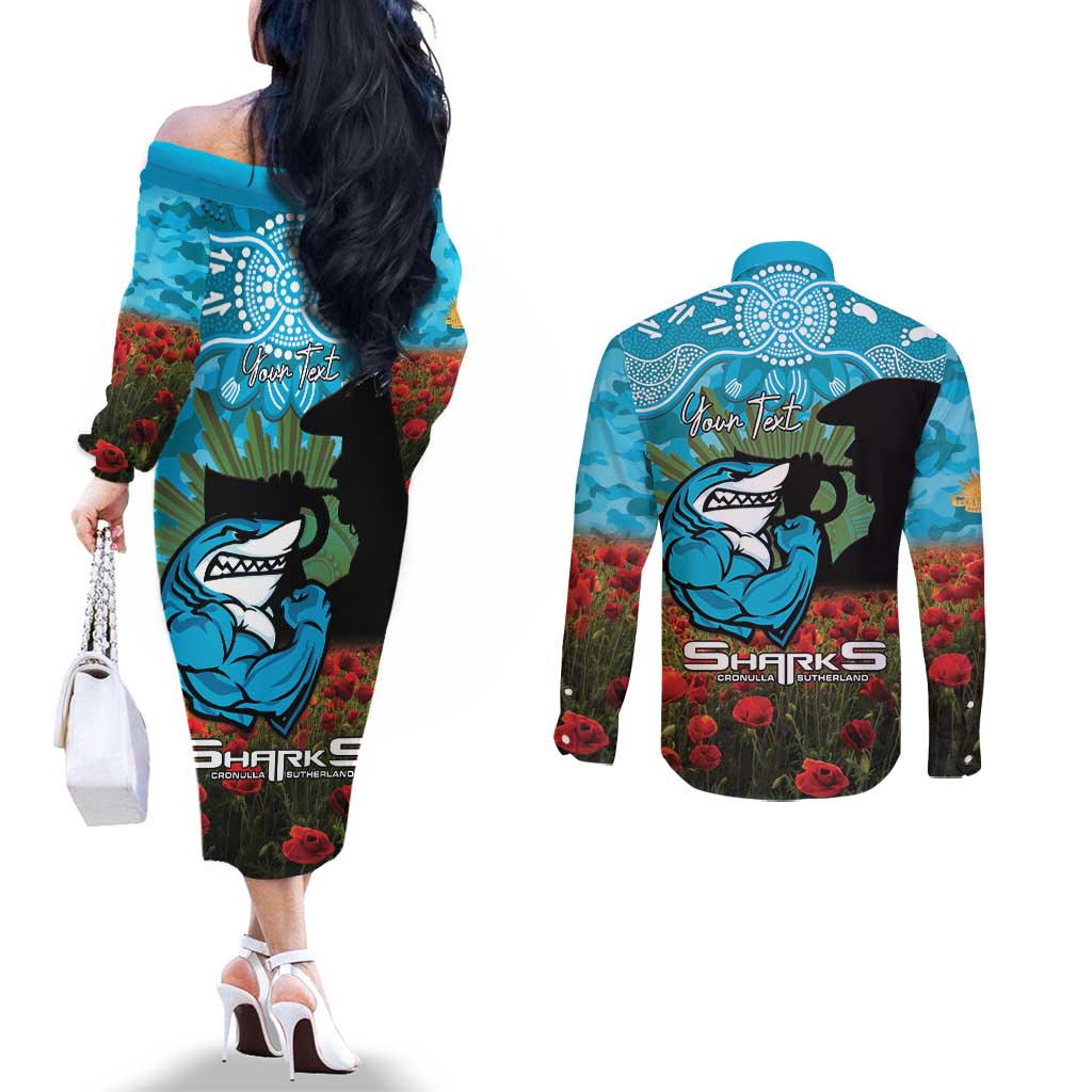Personalised Sharks Rugby ANZAC Day Couples Matching Off The Shoulder Long Sleeve Dress and Long Sleeve Button Shirt Last Post Poppy We Will Remember Them