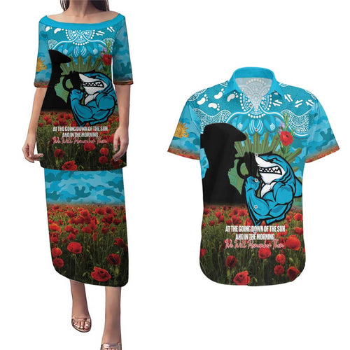 Personalised Sharks Rugby ANZAC Day Couples Matching Puletasi and Hawaiian Shirt Last Post Poppy We Will Remember Them