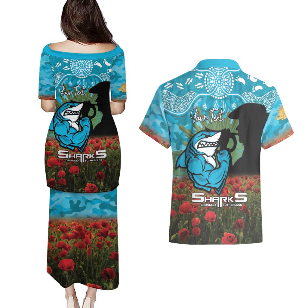 Personalised Sharks Rugby ANZAC Day Couples Matching Puletasi and Hawaiian Shirt Last Post Poppy We Will Remember Them