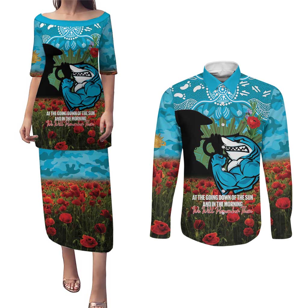 Personalised Sharks Rugby ANZAC Day Couples Matching Puletasi and Long Sleeve Button Shirt Last Post Poppy We Will Remember Them