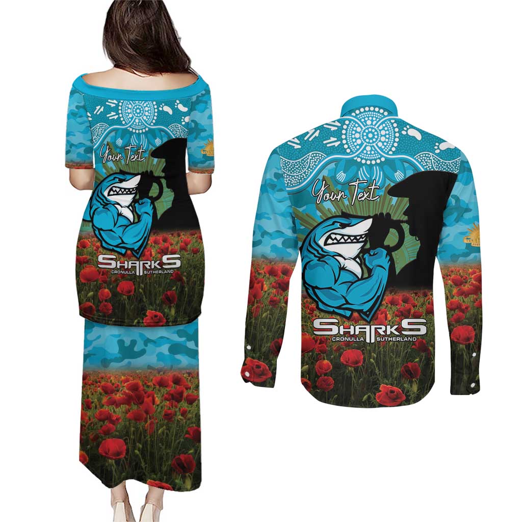 Personalised Sharks Rugby ANZAC Day Couples Matching Puletasi and Long Sleeve Button Shirt Last Post Poppy We Will Remember Them