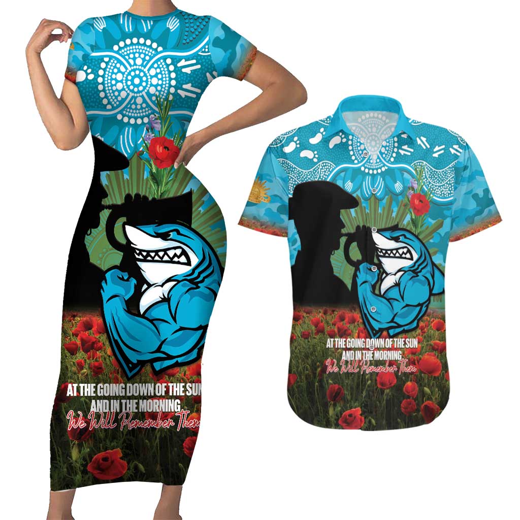 Personalised Sharks Rugby ANZAC Day Couples Matching Short Sleeve Bodycon Dress and Hawaiian Shirt Last Post Poppy We Will Remember Them