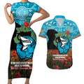 Personalised Sharks Rugby ANZAC Day Couples Matching Short Sleeve Bodycon Dress and Hawaiian Shirt Last Post Poppy We Will Remember Them