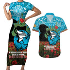 Personalised Sharks Rugby ANZAC Day Couples Matching Short Sleeve Bodycon Dress and Hawaiian Shirt Last Post Poppy We Will Remember Them