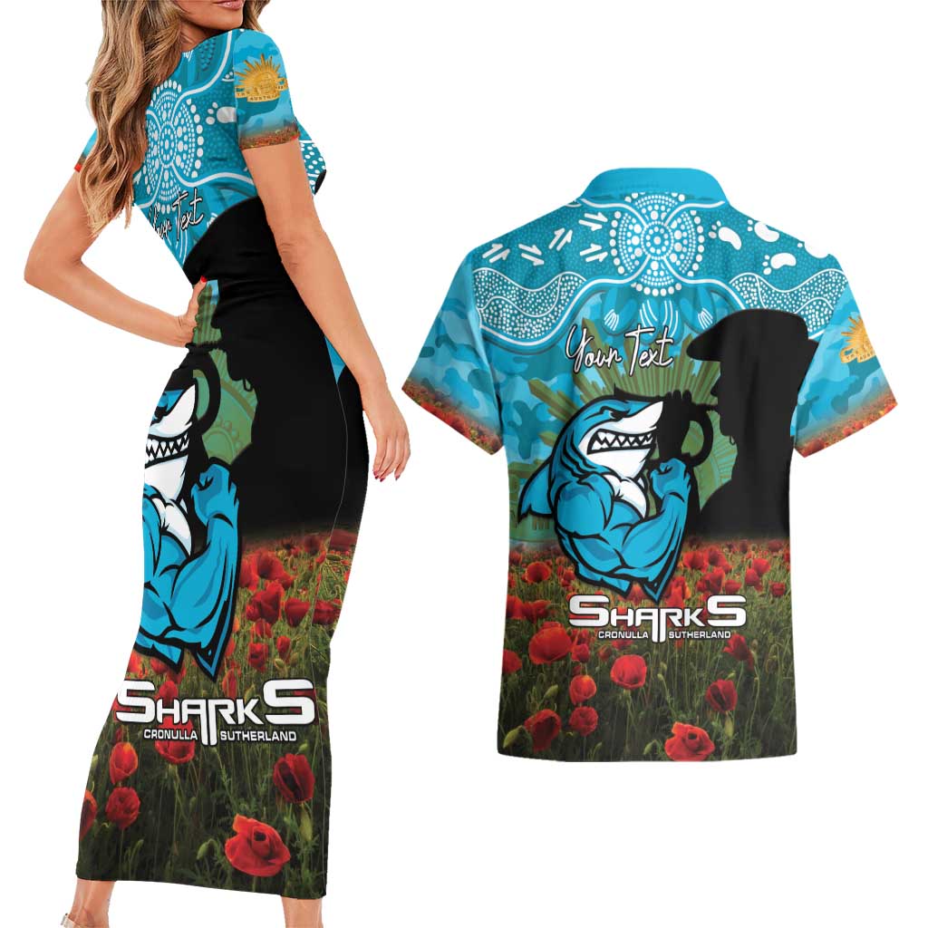 Personalised Sharks Rugby ANZAC Day Couples Matching Short Sleeve Bodycon Dress and Hawaiian Shirt Last Post Poppy We Will Remember Them