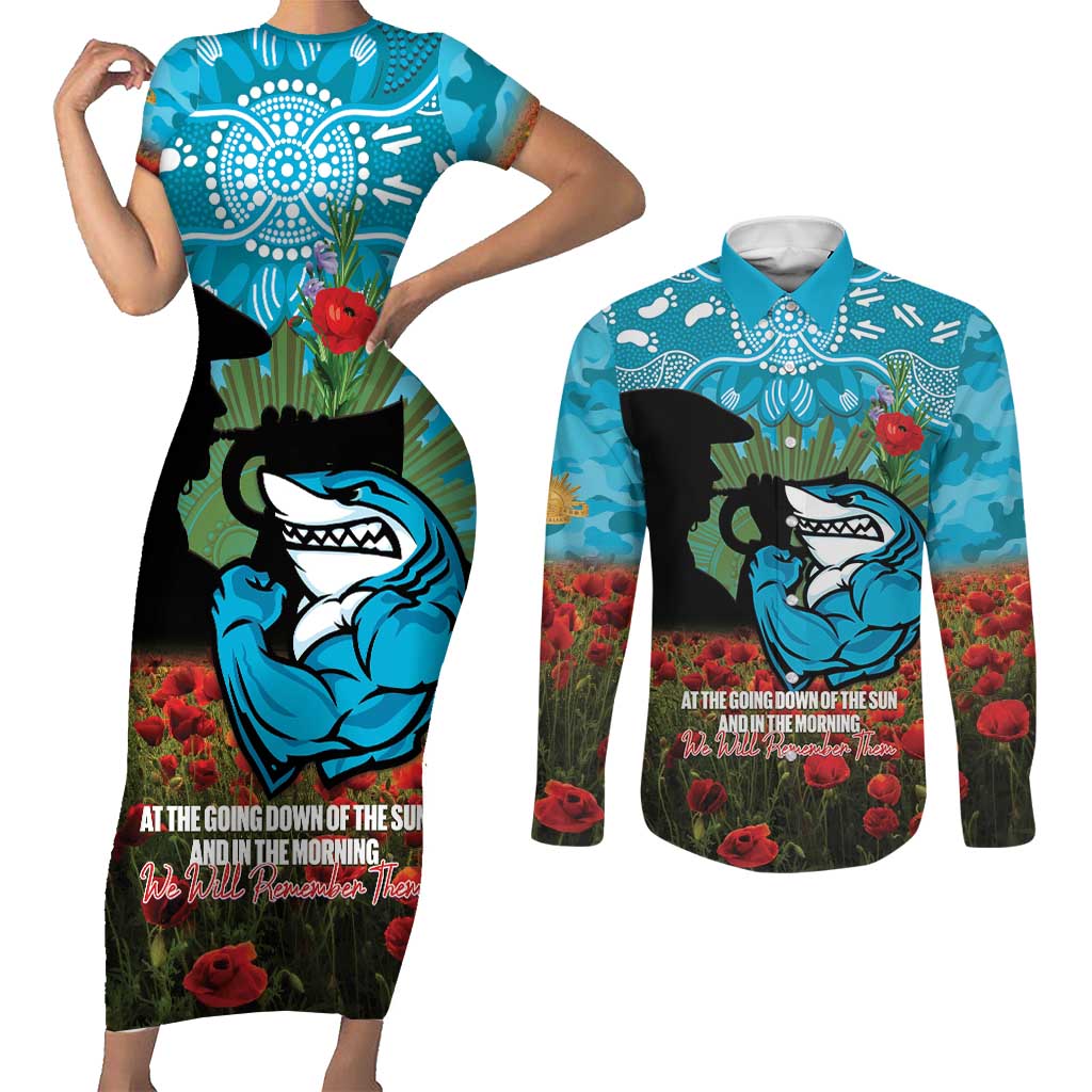 Personalised Sharks Rugby ANZAC Day Couples Matching Short Sleeve Bodycon Dress and Long Sleeve Button Shirt Last Post Poppy We Will Remember Them
