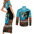 Personalised Sharks Rugby ANZAC Day Couples Matching Short Sleeve Bodycon Dress and Long Sleeve Button Shirt Last Post Poppy We Will Remember Them