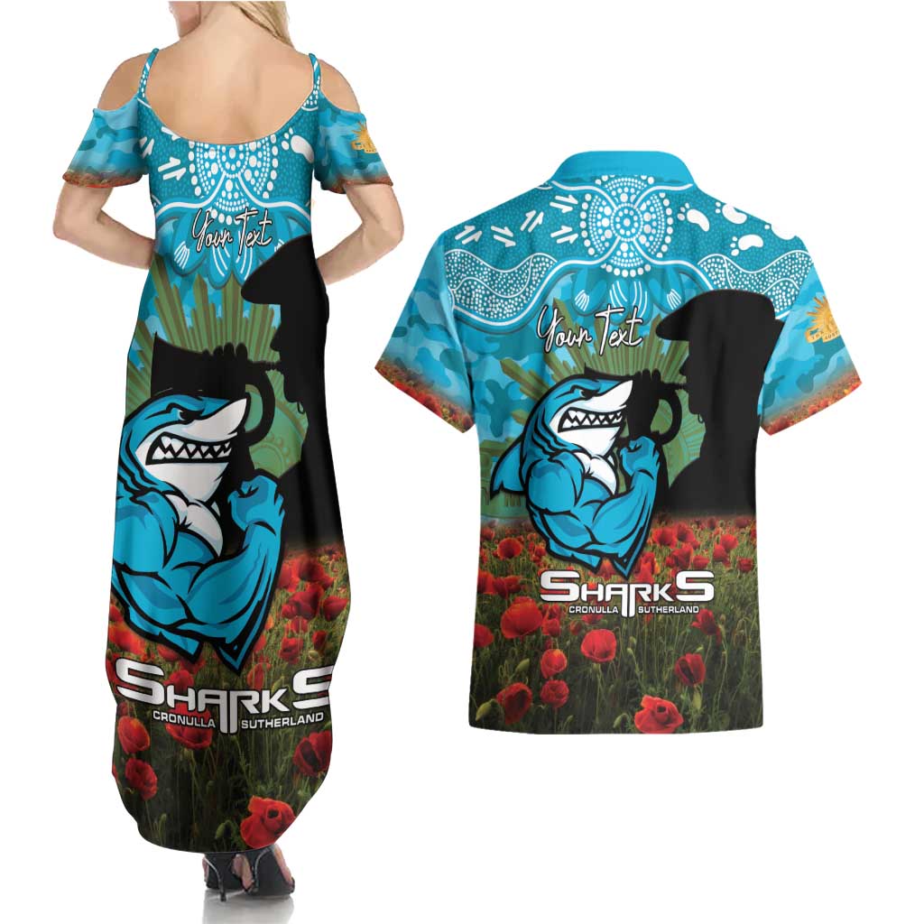 Personalised Sharks Rugby ANZAC Day Couples Matching Summer Maxi Dress and Hawaiian Shirt Last Post Poppy We Will Remember Them