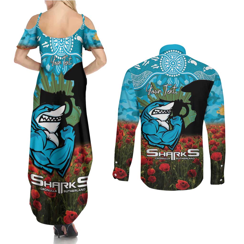 Personalised Sharks Rugby ANZAC Day Couples Matching Summer Maxi Dress and Long Sleeve Button Shirt Last Post Poppy We Will Remember Them