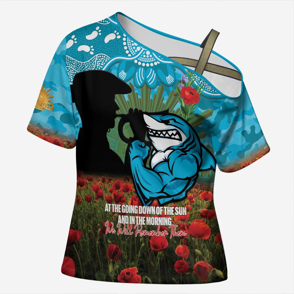 Personalised Sharks Rugby ANZAC Day Cross Shoulder Shirt Last Post Poppy We Will Remember Them