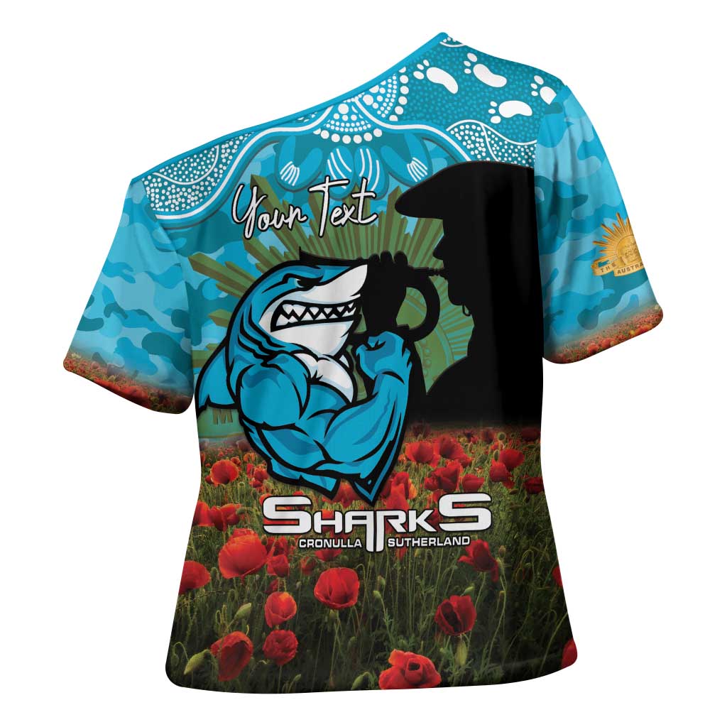 Personalised Sharks Rugby ANZAC Day Cross Shoulder Shirt Last Post Poppy We Will Remember Them