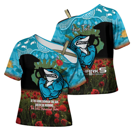 Personalised Sharks Rugby ANZAC Day Cross Shoulder Shirt Last Post Poppy We Will Remember Them