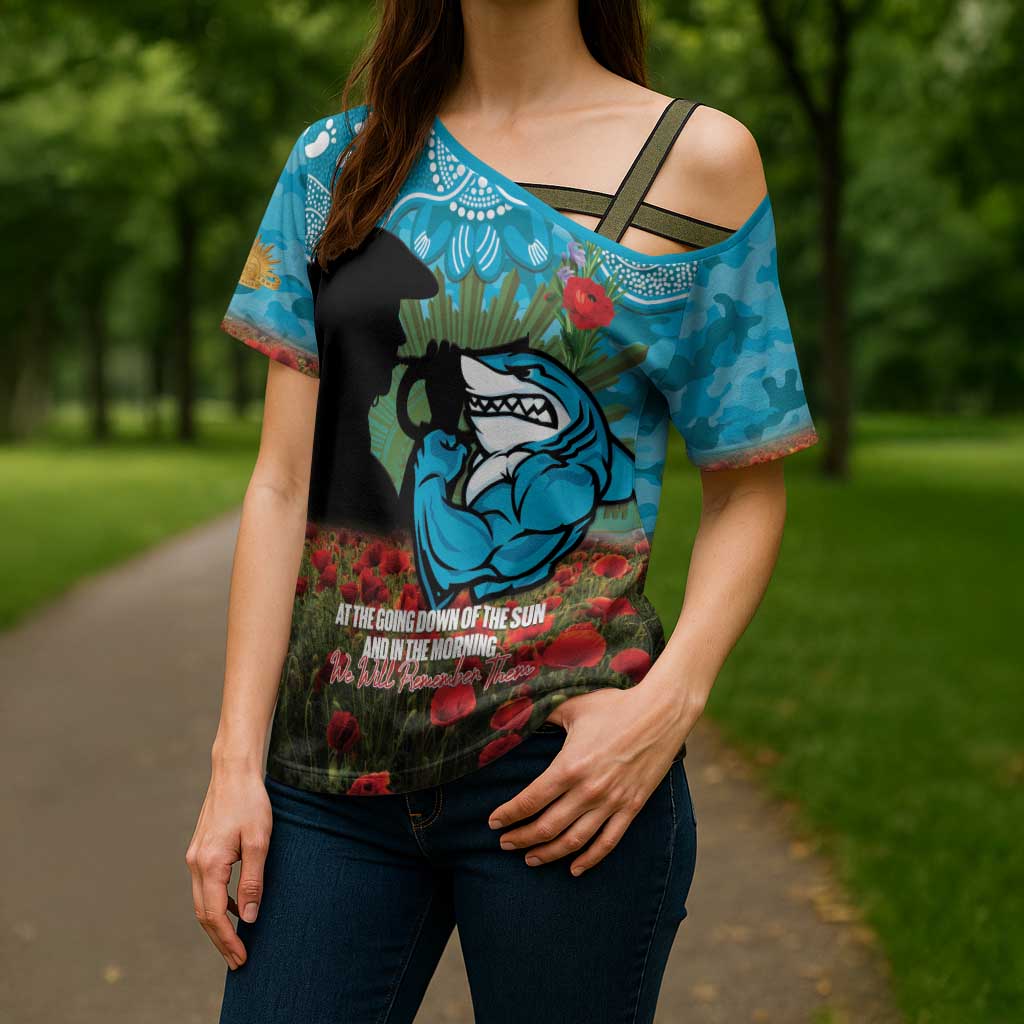 Personalised Sharks Rugby ANZAC Day Cross Shoulder Shirt Last Post Poppy We Will Remember Them