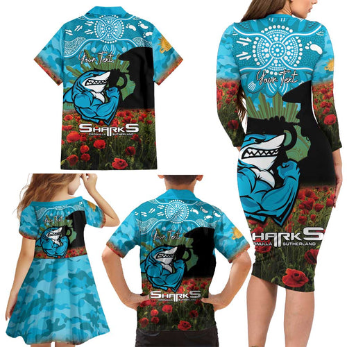 Personalised Sharks Rugby ANZAC Day Family Matching Long Sleeve Bodycon Dress and Hawaiian Shirt Last Post Poppy We Will Remember Them