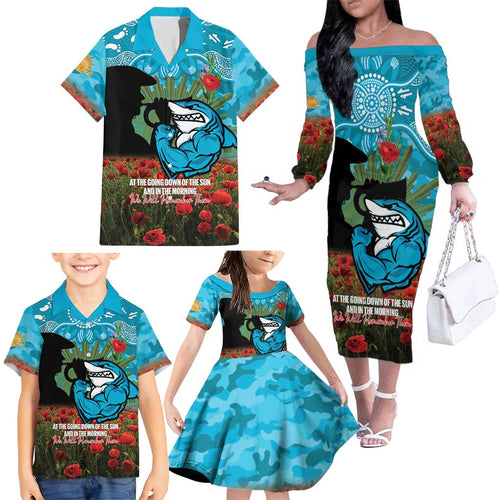 Personalised Sharks Rugby ANZAC Day Family Matching Off The Shoulder Long Sleeve Dress and Hawaiian Shirt Last Post Poppy We Will Remember Them