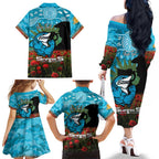 Personalised Sharks Rugby ANZAC Day Family Matching Off The Shoulder Long Sleeve Dress and Hawaiian Shirt Last Post Poppy We Will Remember Them