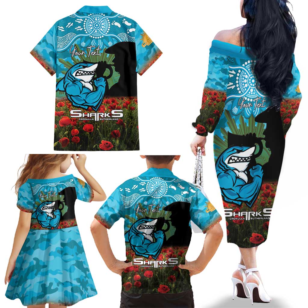 Personalised Sharks Rugby ANZAC Day Family Matching Off The Shoulder Long Sleeve Dress and Hawaiian Shirt Last Post Poppy We Will Remember Them