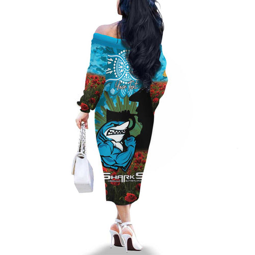 Personalised Sharks Rugby ANZAC Day Family Matching Off The Shoulder Long Sleeve Dress and Hawaiian Shirt Last Post Poppy We Will Remember Them