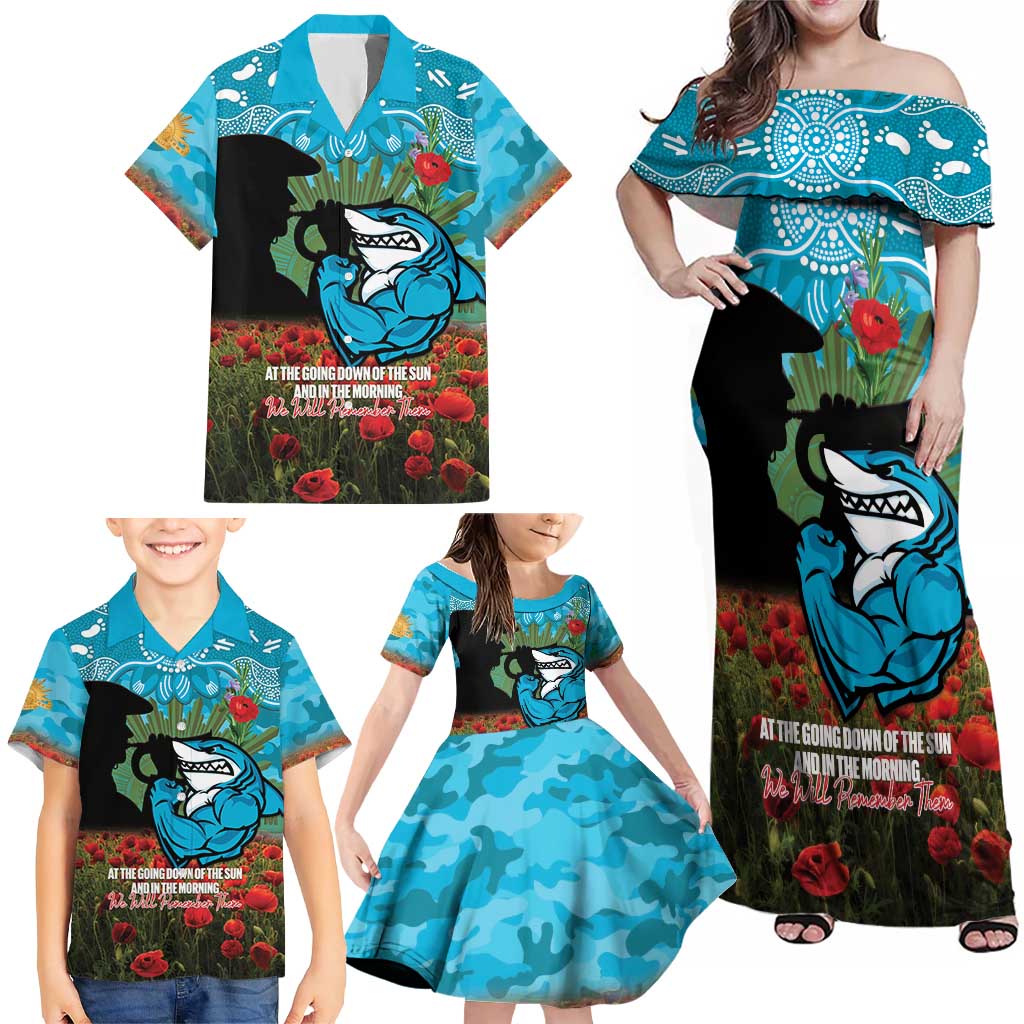 Personalised Sharks Rugby ANZAC Day Family Matching Off Shoulder Maxi Dress and Hawaiian Shirt Last Post Poppy We Will Remember Them