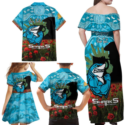 Personalised Sharks Rugby ANZAC Day Family Matching Off Shoulder Maxi Dress and Hawaiian Shirt Last Post Poppy We Will Remember Them