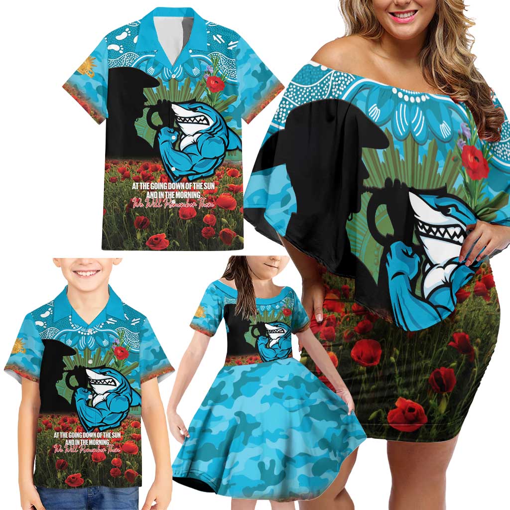 Personalised Sharks Rugby ANZAC Day Family Matching Off Shoulder Short Dress and Hawaiian Shirt Last Post Poppy We Will Remember Them