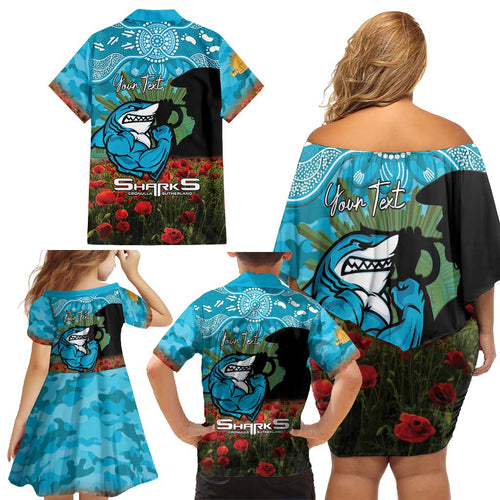 Personalised Sharks Rugby ANZAC Day Family Matching Off Shoulder Short Dress and Hawaiian Shirt Last Post Poppy We Will Remember Them