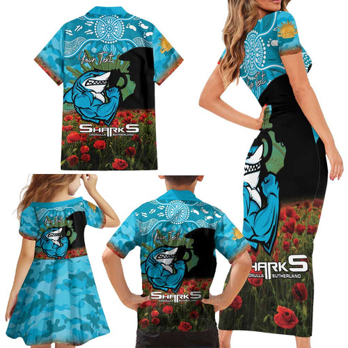 Personalised Sharks Rugby ANZAC Day Family Matching Short Sleeve Bodycon Dress and Hawaiian Shirt Last Post Poppy We Will Remember Them