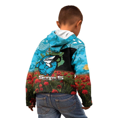Personalised Sharks Rugby ANZAC Day Kid Hoodie Last Post Poppy We Will Remember Them