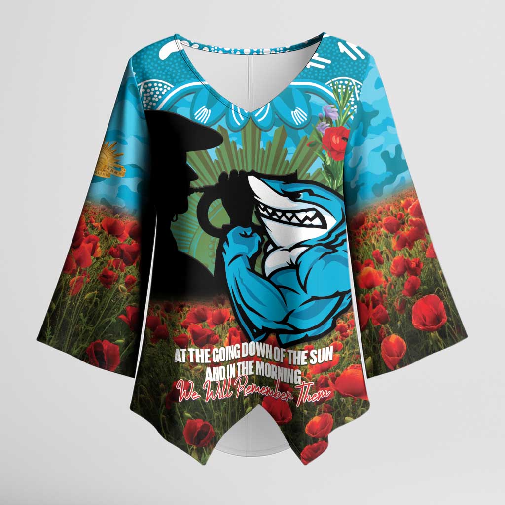 Personalised Sharks Rugby ANZAC Day Kimono Sleeve Blouse Last Post Poppy We Will Remember Them