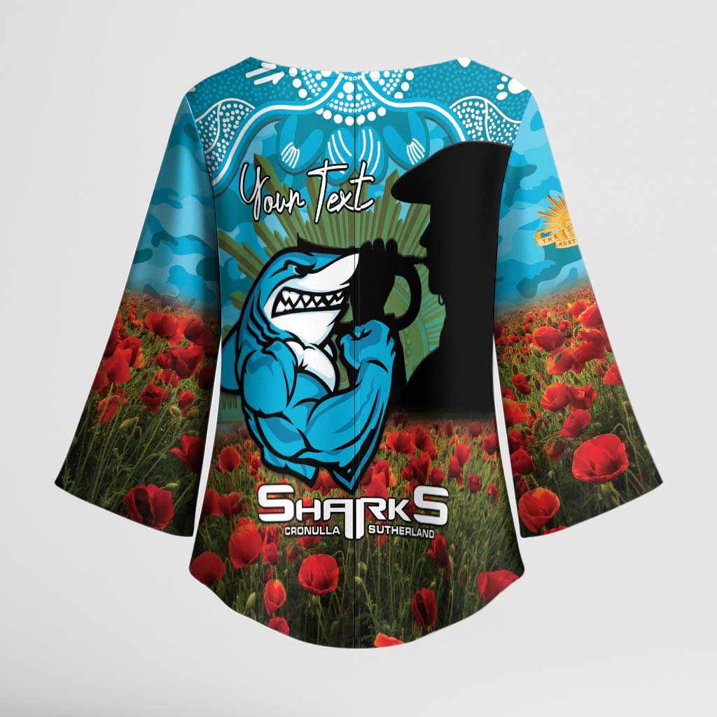 Personalised Sharks Rugby ANZAC Day Kimono Sleeve Blouse Last Post Poppy We Will Remember Them