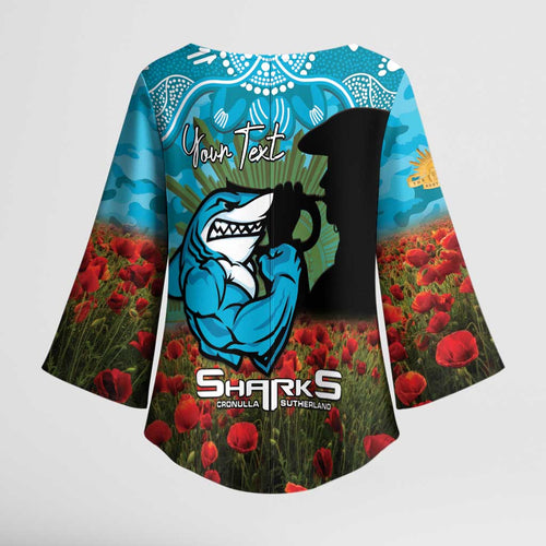 Personalised Sharks Rugby ANZAC Day Kimono Sleeve Blouse Last Post Poppy We Will Remember Them