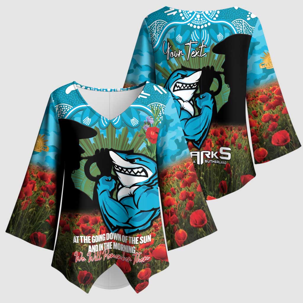 Personalised Sharks Rugby ANZAC Day Kimono Sleeve Blouse Last Post Poppy We Will Remember Them
