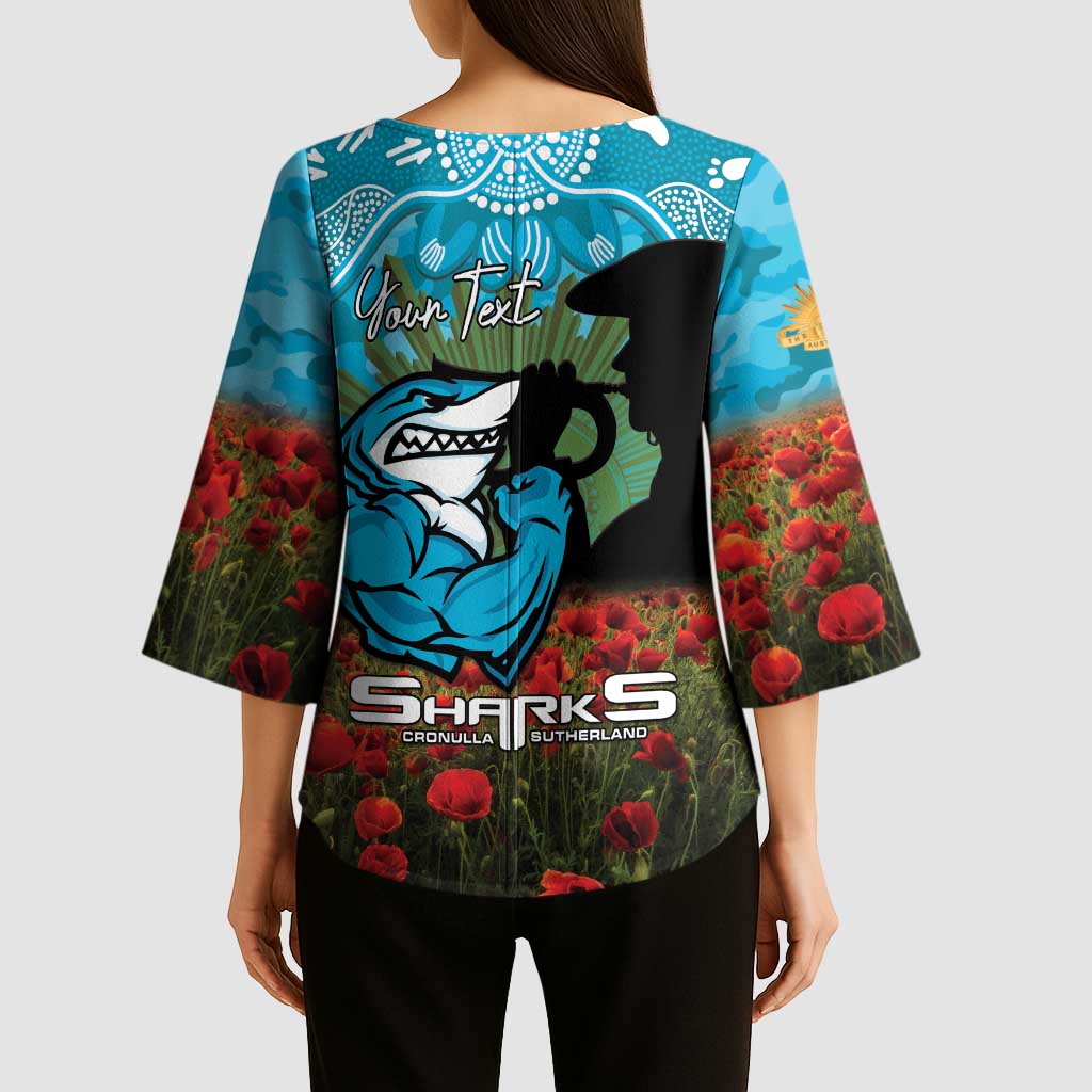 Personalised Sharks Rugby ANZAC Day Kimono Sleeve Blouse Last Post Poppy We Will Remember Them