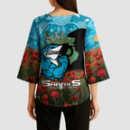 Personalised Sharks Rugby ANZAC Day Kimono Sleeve Blouse Last Post Poppy We Will Remember Them