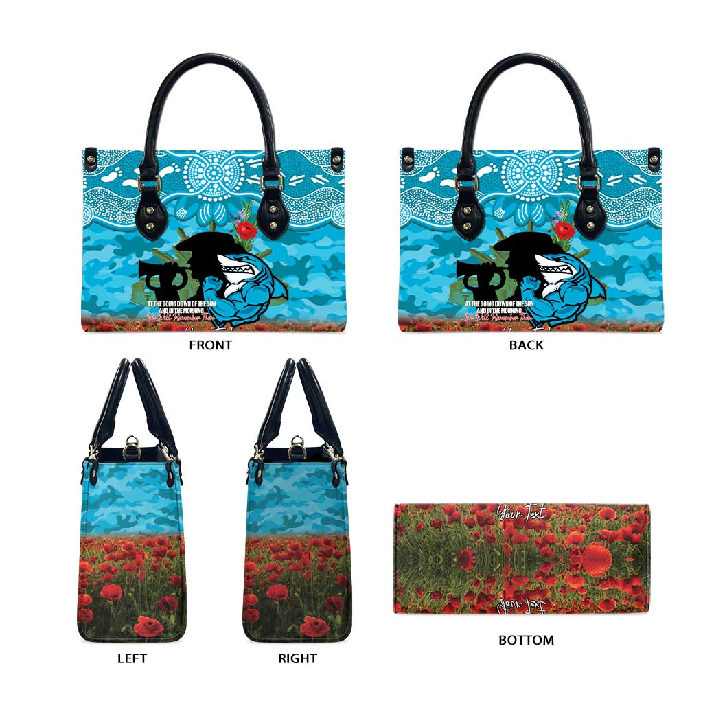 Personalised Sharks Rugby ANZAC Day Leather Bag Last Post Poppy We Will Remember Them