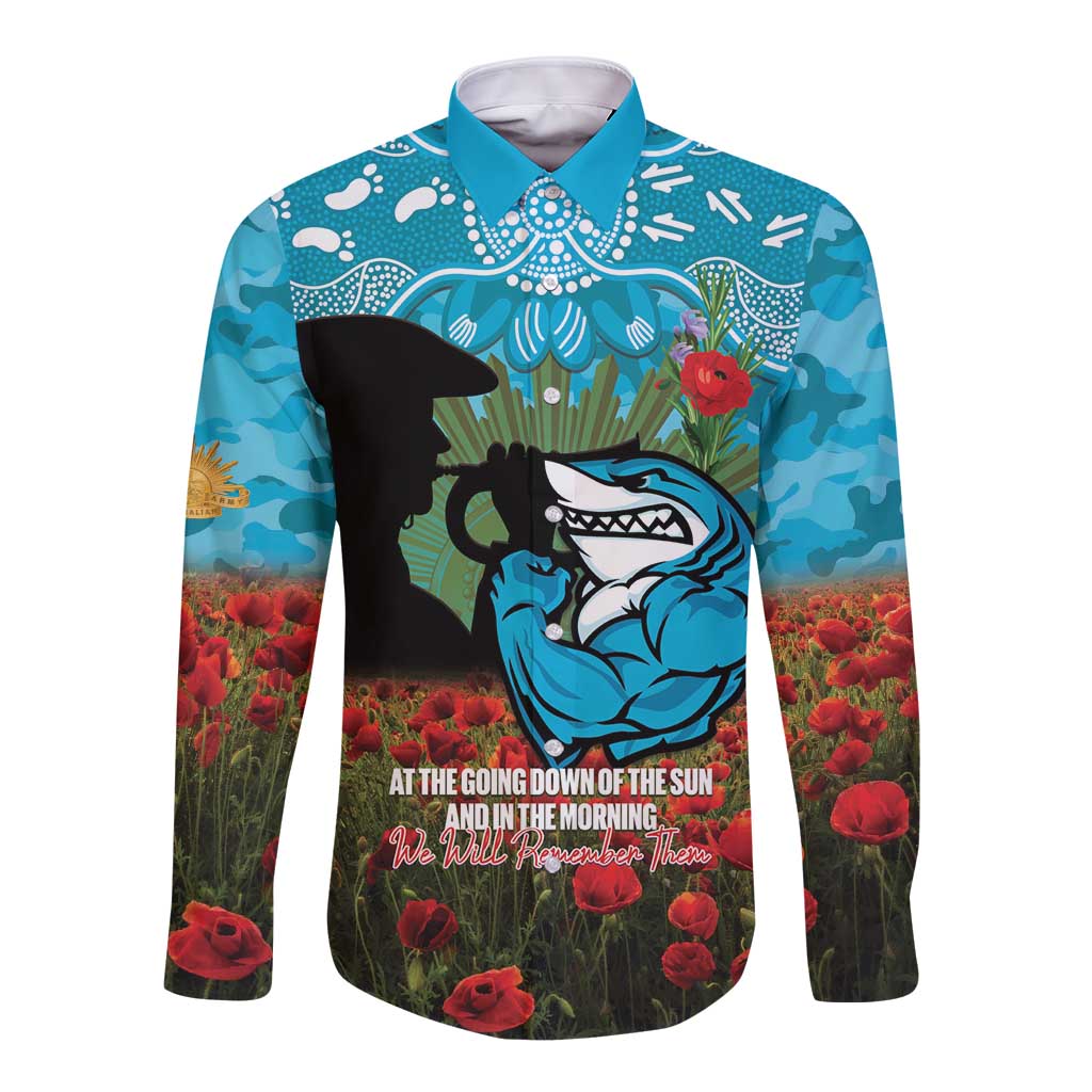 Personalised Sharks Rugby ANZAC Day Long Sleeve Button Shirt Last Post Poppy We Will Remember Them