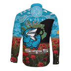 Personalised Sharks Rugby ANZAC Day Long Sleeve Button Shirt Last Post Poppy We Will Remember Them