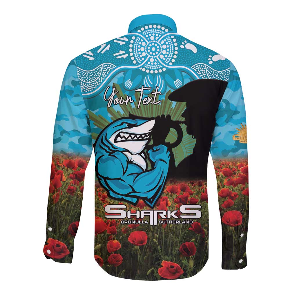 Personalised Sharks Rugby ANZAC Day Long Sleeve Button Shirt Last Post Poppy We Will Remember Them