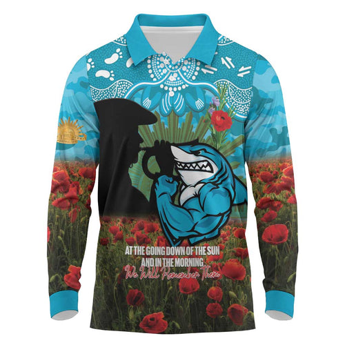 Personalised Sharks Rugby ANZAC Day Long Sleeve Polo Shirt Last Post Poppy We Will Remember Them