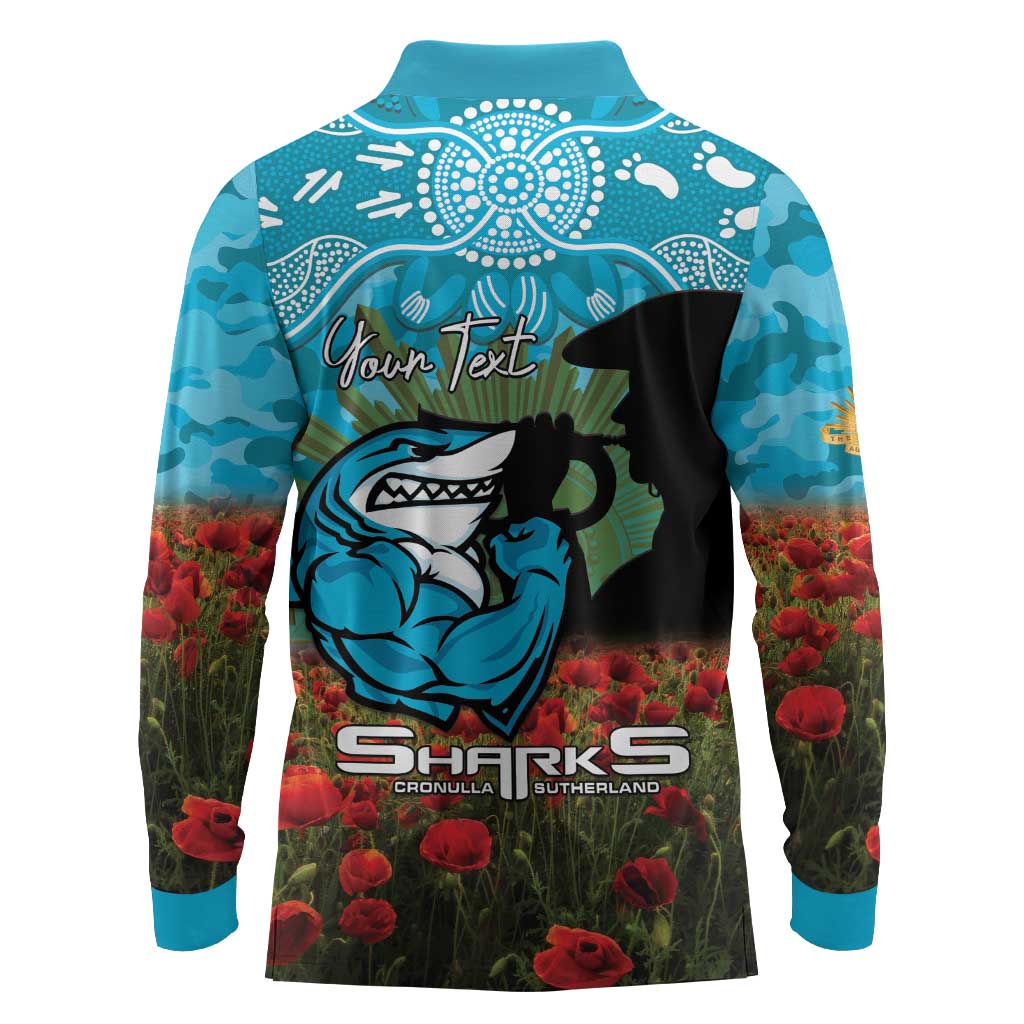 Personalised Sharks Rugby ANZAC Day Long Sleeve Polo Shirt Last Post Poppy We Will Remember Them